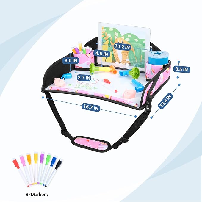 COOLBEBE Kids Travel Tray for Toddler Car Seat, Travel Tray for Airplane, Toddler Car Seat Lap Tray, Carseat Table Tray for Kids Travel Activities (Pink Unicorn -2PCS)