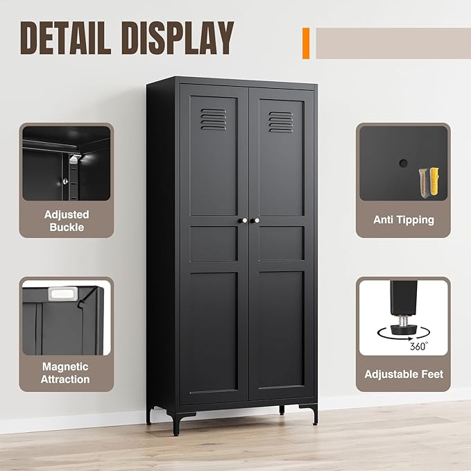 Yizosh Metal Pantry Cabinet,Tall Kitchen Pantry Storage Cabinet with Doors and Adjustable Shelves - 61" Black Cupboard Cabinet for Kitchen, Living Room,Dining Room,Home
