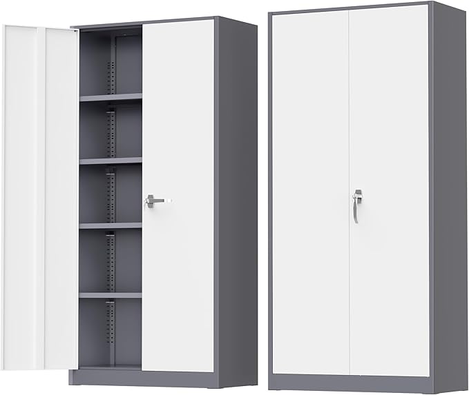 Greenvelly Metal Garage Storage Cabinet, 72” Steel Locking Storage Cabinet with 2 Doors and 4 Adjustable Shelves, Metal Tool Cabinets, Lockable File Cabinets for Home Office, Garage (Gray White)