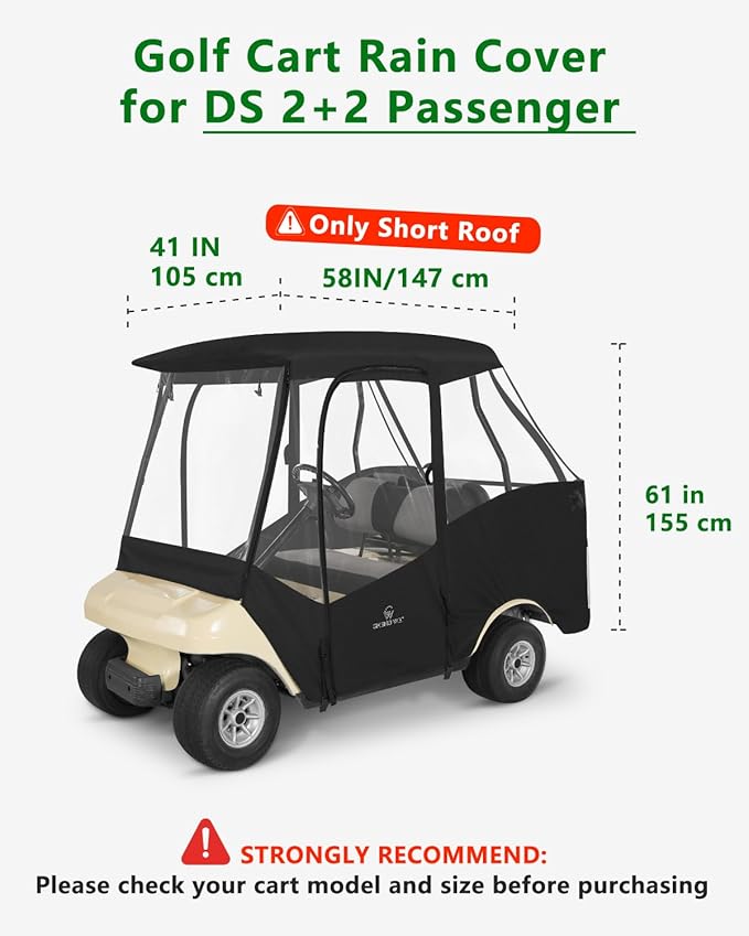 Golf Cart Enclosures 4 Passenger Short Roof 58 inch for Club Car DS 2+2 Seater,600D Clear Rain Cover Driving Enclosure,Roll Up 4 Sided Transparent Windows&Door Heavy Duty Zipper,Side Mirrors Openings