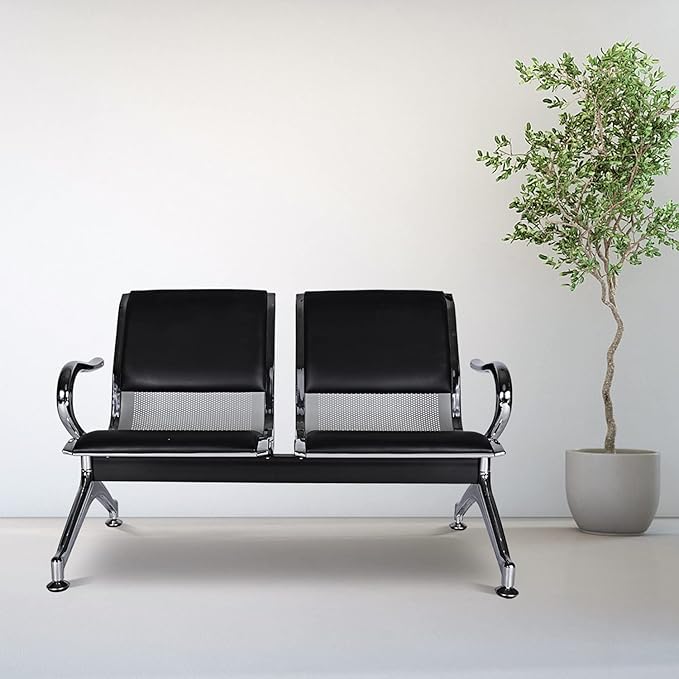 2-Seat Waiting Room Chairs - Waiting Room Bench with Arms Airport Reception Bench Guest Reception PU Leather Lobby Bench Waiting Area Chairs for Market Bank Hospital School, Black