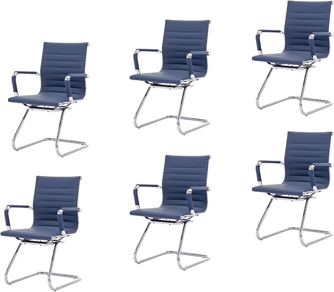 CIMOTA Waiting Room Chairs Leather Office Guest Chair Mid Back Reception Chairs with Sled Base for Meeting/Patient/Conference Room, Navy Set of 6