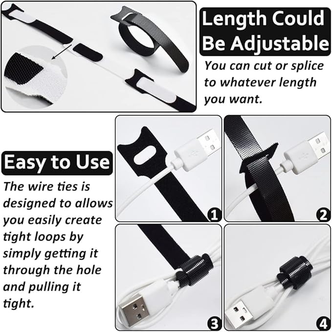 100pcs Cable Ties Reusable All-Black Wire Ties Cable Management Cord Ties Reusable for Electronics Hook and Loop Cable Ties for Computer 6 Inch