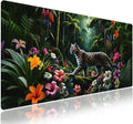 Wknoon. Extra Large Gaming Mouse Pad (31.5" x 11.8") with Durable Stitched Edges – Wild Leopard in a Lush Jungle Colorful Floral Rainforest Exotic Design, Anti-Slip Rubber Base Extended XXL Desk Mat