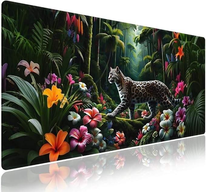 Wknoon. Extra Large Gaming Mouse Pad (31.5" x 11.8") with Durable Stitched Edges – Wild Leopard in a Lush Jungle Colorful Floral Rainforest Exotic Design, Anti-Slip Rubber Base Extended XXL Desk Mat