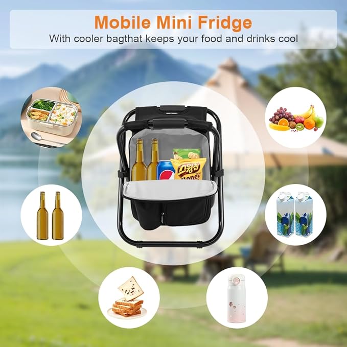 Portable Folding Backpack Stool with Cooler Compartment, Black
