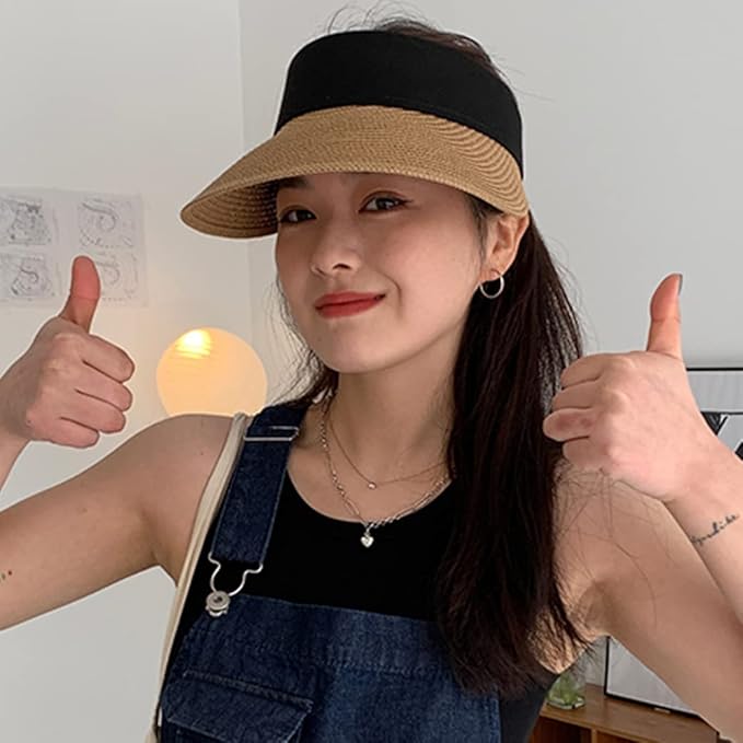 Women Straw Sun Visor Hat Wide Brim Summer UV Protection Beach Cap Foldable Packale Korean Style