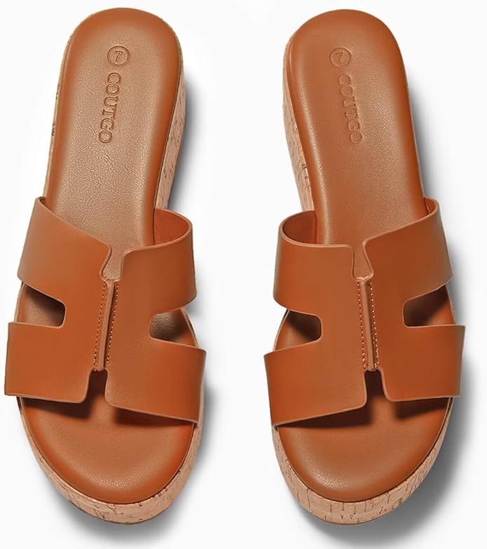 Coutgo Womens Platform Wedge Sandals Open Toe Slip On Slides Cork Heeled Comfortable Shoes