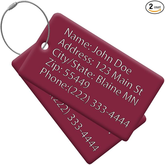 Custom Luggage Tags used for Travel Tags for Luggage, Luggage Tags for Suitcases, Travel Luggage. Made with Eye Catching High Visibility High Impact Acrylic. Each Luggage Tag includes a Wire Ring Loop