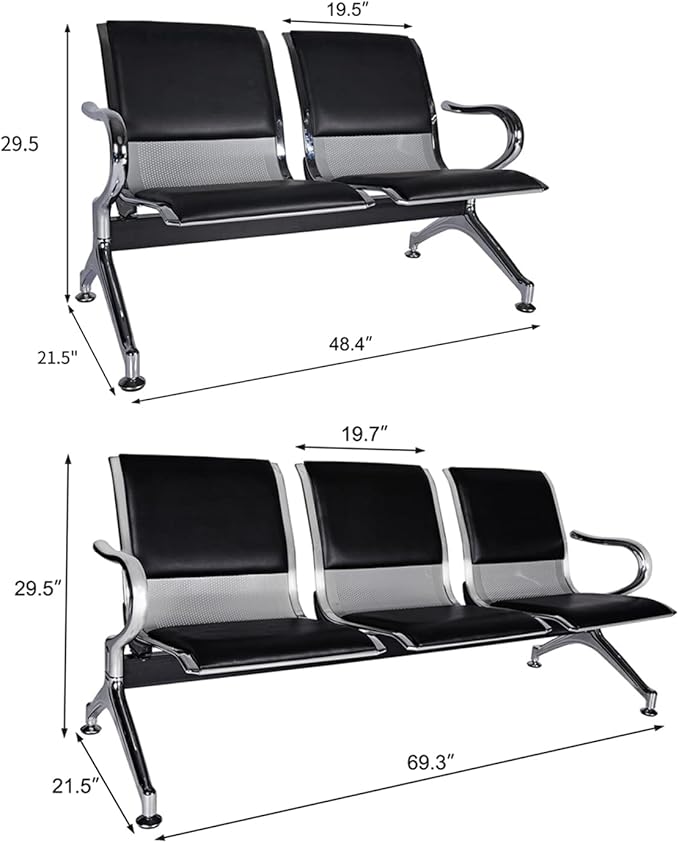 kinbor Waiting Room Chairs - Durable PU Leather Reception Bench with Armrests, 5-Seat Office Reception Guest Chairs for Office, Hospital, Airport, Bank & Lobby, Black