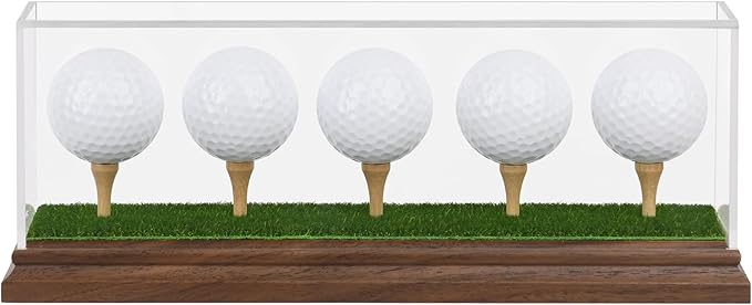 Golf Ball Display Case for 5 Golf Balls Holder Display Walnut Wood Base Acrylic Hole in One Golf Ball Case Display Uv Protection Golfball Stand Rack,Golf Office Decor Gifts for Men