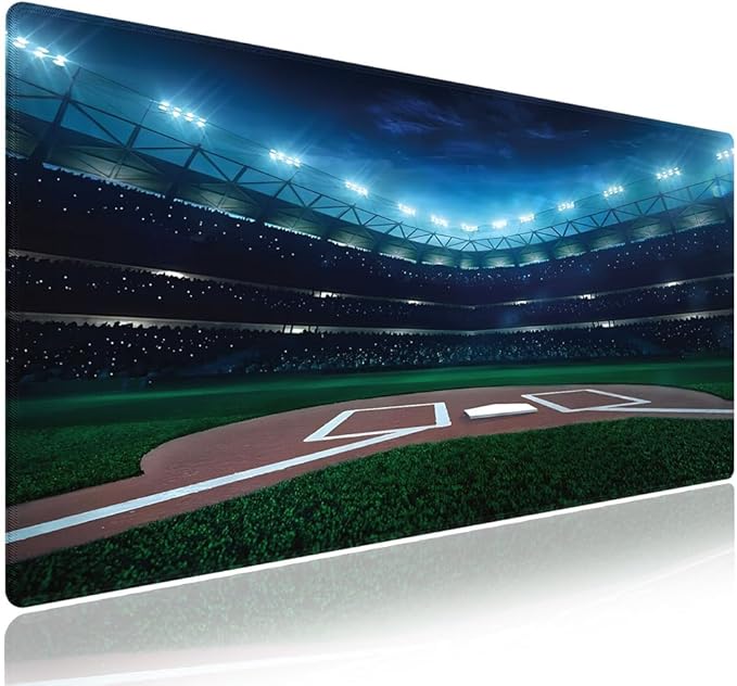 Wknoon. Extra Large Gaming & Office Mouse Pad (31.5" x 11.8") with Durable Stitched Edges – Professional Baseball Field at Night Vibrant Playground Stadium League Theme Print, Anti-Slip XXL Desk Mat