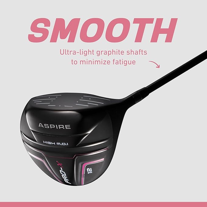 Aspire PRO-X 16-Piece Womens Golf Club Set, Includes Titanium F Driver, #3 Fairway Wood, 4-5 Hybrids, 7-SW Irons, Putter, Cart Bag, 4 H/C's, Golf Clubs Women Right Handed, Regular & Petite Sizes
