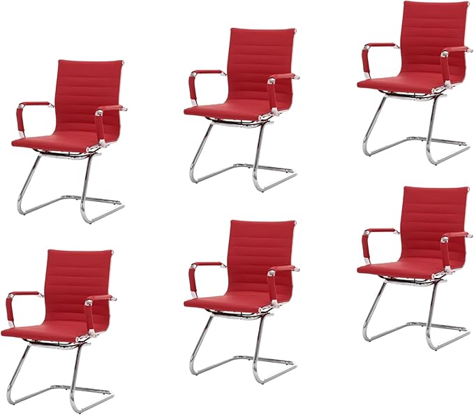 CIMOTA Waiting Room Chairs Leather Office Guest Chair Mid Back Reception Chairs with Sled Base for Meeting/Patient/Conference Room, Red Set of 6