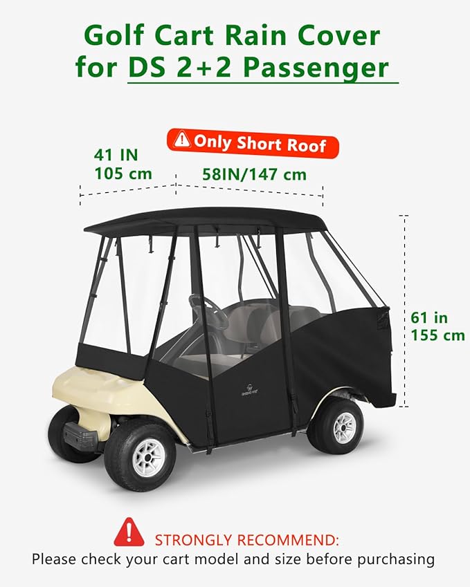 Golf Cart Enclosures 4 Passenger for Club Car DS,Short Roof 58 inch 2+2 Seater 600D Clear Rain Cover Driving Enclosure,Roll Up 4 Sided Transparent Windows&Door Heavy Duty Zipper,Side Mirrors Openings
