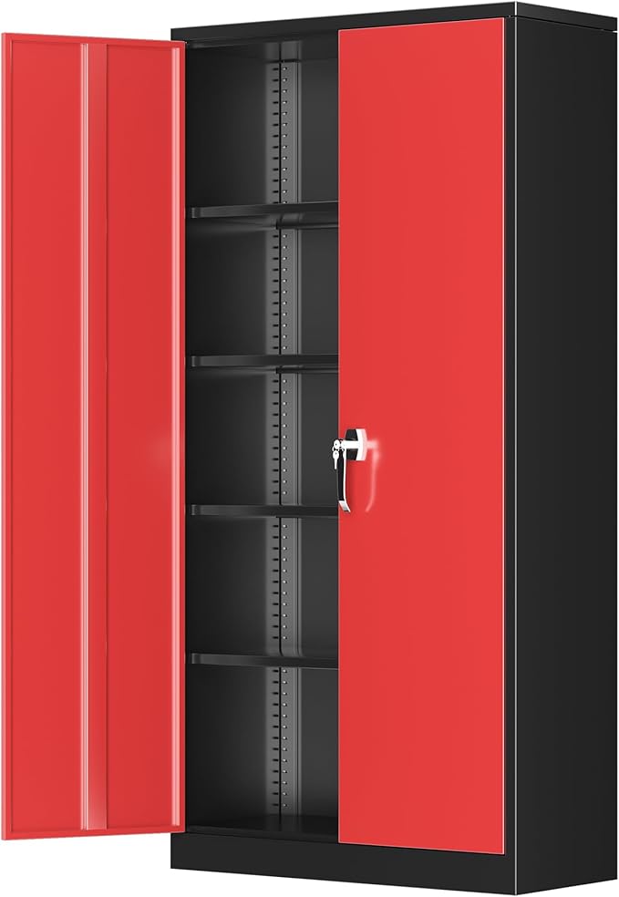 Greenvelly Metal Storage Cabinet with Doors and Adjustable Shelves,72" Black Red Locking Steel Garage Cabinet with Lock, Metal Tool Cabinets for Garage,Home Office,School