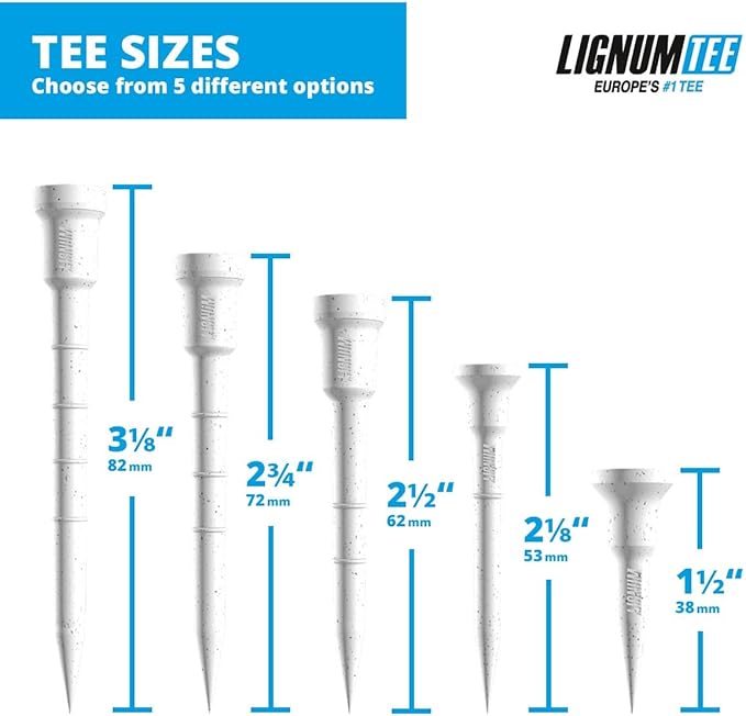 LIGNUM Tee - Classic Golf Tees - Sports Golf Tees - Anti Spin Head, Bio-Based Micro Wood, 50x Durable