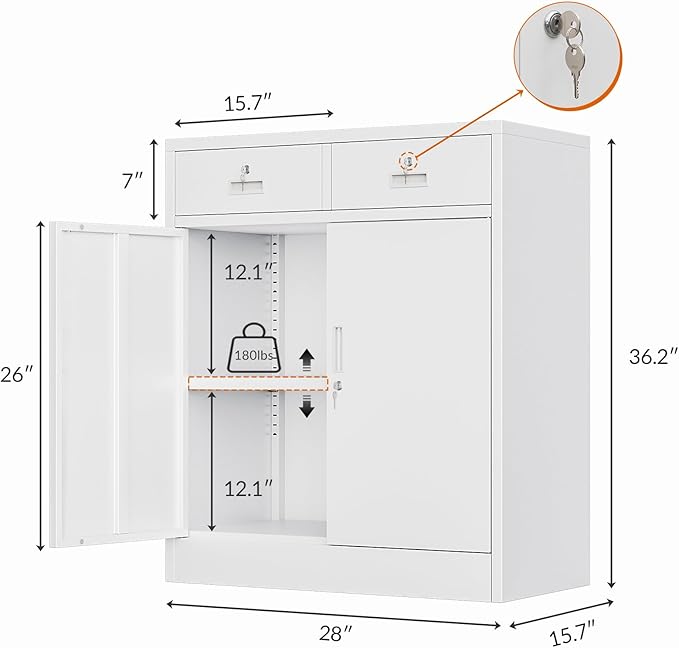 CJF Metal Storage Cabinet, Locking Storage Cabinet with Doors and 2 Drawers, Metal Cabinets for Office/Home/Garage 36" H x 32" W x 16" D (White)