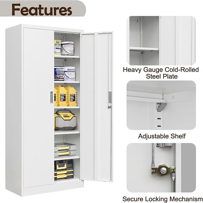 CJF Metal Storage Cabinets with 5 Adjustable Shelves, 71" H Locking Storage Cabinet for Garage, Office, School - White