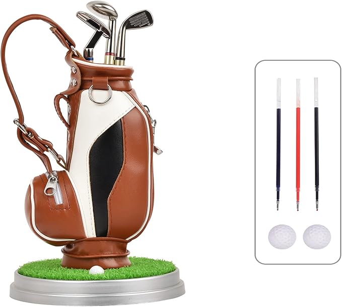 Leather golf pen holder with three golf club pen for writing, suitable for desk decoration, golf cake decoration, unique gift for men Boss Dad golfer colleagues, interesting and novel birthday gift