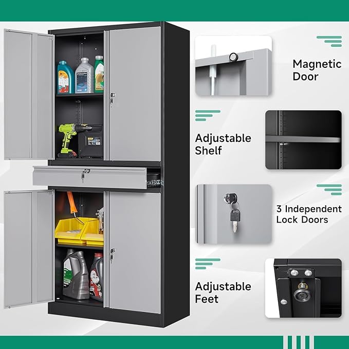 Letaya Metal Garage Storage Cabinet with Drawer,4 Door Tool Cabinet with Lock-2 Adjustable Shelves for Garage Home Office Utility Room (Black & Gray)