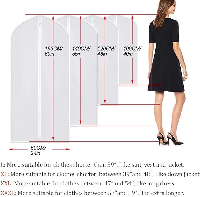 Garment Bags Covers 24''X60'' Dress Bags for Hanging Clothes (Pack of 6) with Study Full Zipper Coat Covers for Closet Clothes Storage Travel