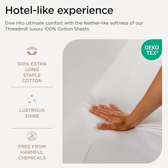 Threadmill Luxury 800 Thread Count California King 100% Cotton Sheets - Hotel White Sateen Weave Bed-Sheets, Better Than Egyptian Cotton, 4 Pc Solid Bed Set, Fits 16" Deep Pocket