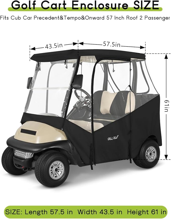Golf Cart Enclosure 2 Passenger for Club Car Precedent Tempo Onward 2-Person Seaters 600D Waterproof Transparent Driving Rain Cover with 4-Sided Clear Windows Mirror Zipper Roll-Up Door Black
