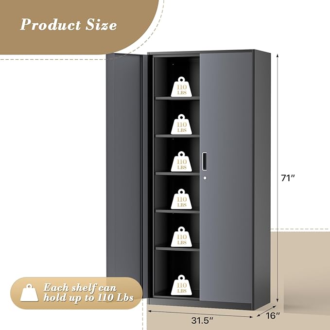 Athena Collection 71" Tall Metal Storage Cabinet with 2 Doors and 6 Ajustable Shelves, Garage Storage Cabinet for Files, Tools, Home Offcie, School, Garage, Pantry, Grey Black