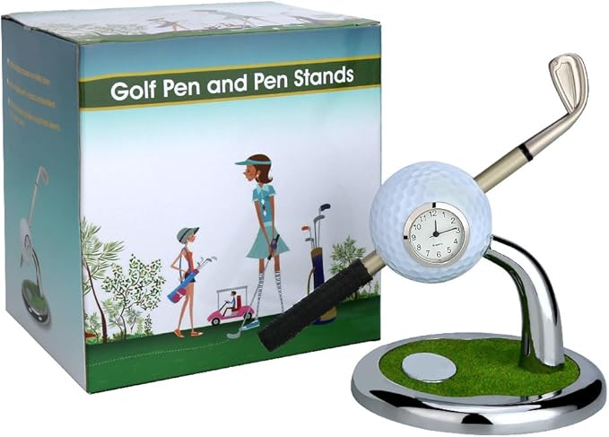 10L0L Golf Pen Holder with Clock Unique Gifts for Men, Mini Desktop Holder, Compatible with Enthusiasts Funny Business Gifts Includes Pen Set of 2 Office Desk Accessories- White