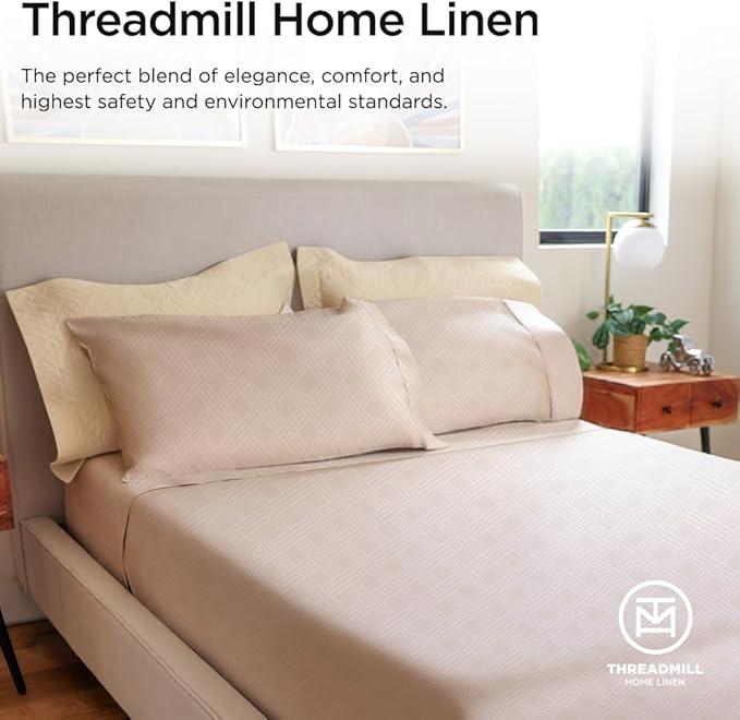 Threadmill California King Size Sheets | 800 Thread Count Jacquard Celine Light Beige | 4 Piece Striped Bed Sheets | Extra Long Staple Cotton sheets | Luxury Damask Sheets with Elasticized Deep Pocket