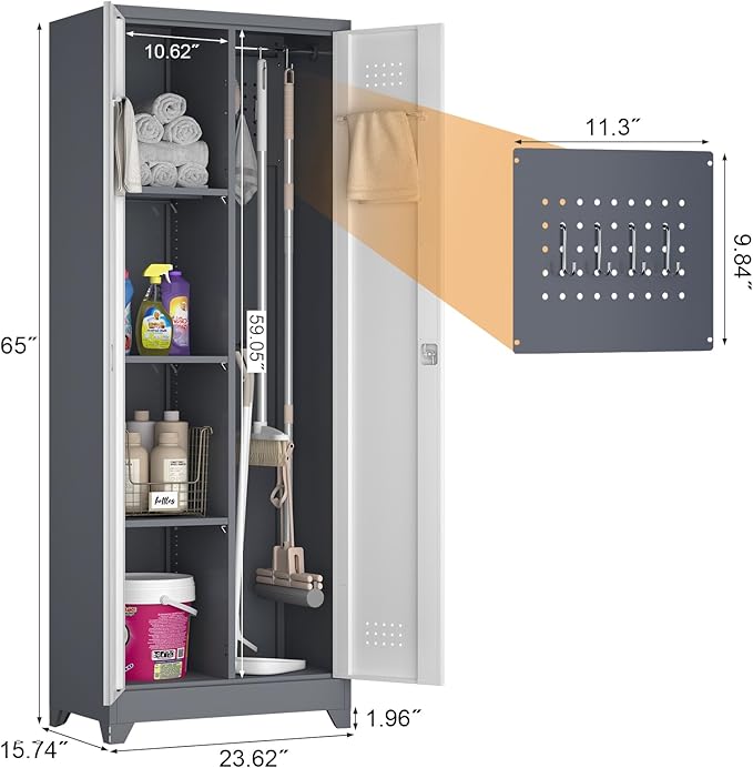 GREATMEET Broom Closet, Broom Closet Cabinet with Pegboard and Hanging Rod, Cleaning Supplies Storage Cabinet for Bathroom, Garage
