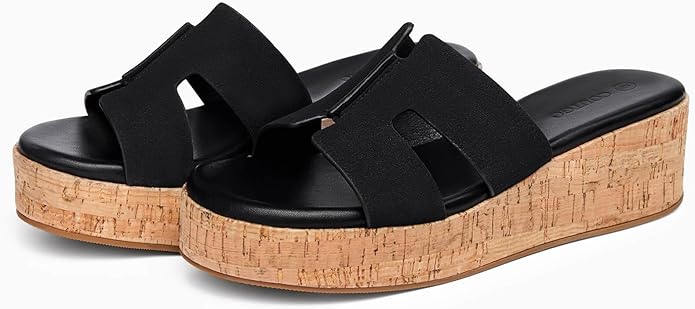 Coutgo Womens Platform Wedge Sandals Open Toe Slip On Slides Cork Heeled Comfortable Shoes