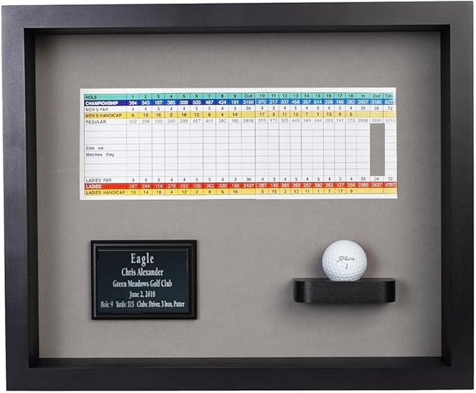 Golf Eagle, Double Eagle or Albatross Shadowbox Display Case | Personalized Engraved Plate | Holds Golf Ball and Scorecard or Photo | Horizontal Layout | Wall Mounted (Black/Gray)