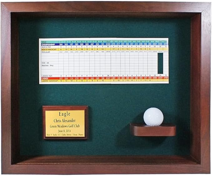 Golf Eagle, Double Eagle or Albatross Shadowbox Display Case | Personalized Engraved Plate | Holds Golf Ball and Scorecard or Photo | Horizontal Layout | Wall Mounted (Cherry)