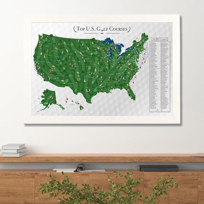 Push Pin Travel Maps Customizable Wall Art - Top Golf Courses USA Map - Textured White - Framed Pin Map, Includes 150 Pins - Handcrafted in USA - 27.5" x 39.5"