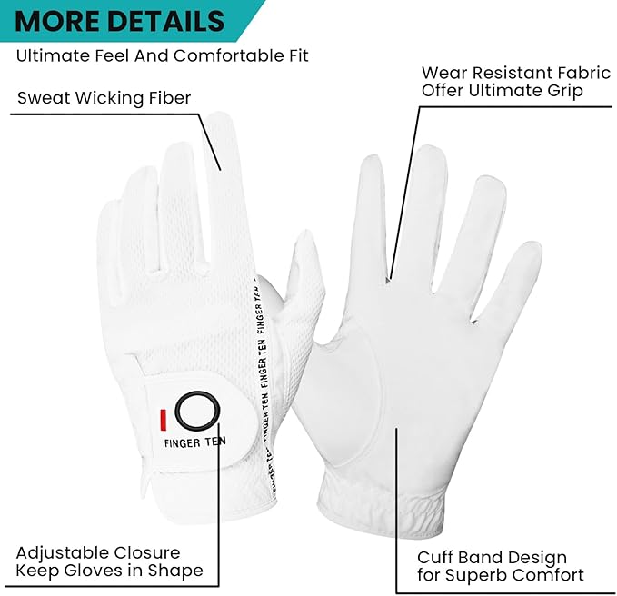 FINGER TEN Men's Golf Gloves for Right Left Handed Golfer Rain Grip Value 2 Pack, Golf Glove for Left or Right Hand Hot Wet Weather No Sweat Black Gray White Blue