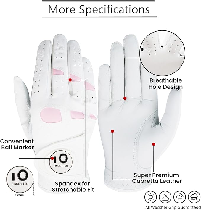 FINGER TEN Women’s Leather Golf Glove with Ball Marker Ladies Gloves Left Right Handed Golfer Extra Grip 1 Pack, Left Right Hand Pink Fit Woman Girl, Size Small Medium Large XL