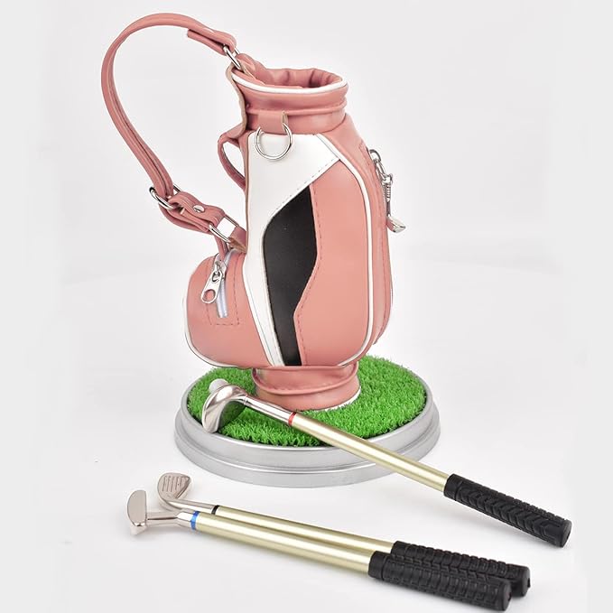 Leather golf pen holder with three golf club pen for writing, suitable for desk decoration, golf cake decoration, unique gift for men Boss Dad golfer colleagues, interesting and novel birthday gift