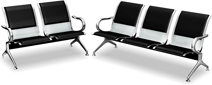 kinbor Waiting Room Chairs - Durable PU Leather Reception Bench with Armrests, 5-Seat Office Reception Guest Chairs for Office, Hospital, Airport, Bank & Lobby, Black