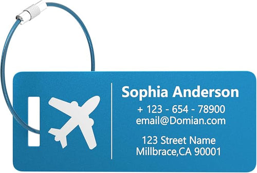 10 Personalized Metal Luggage Tags, Custom Suitcase Aluminum Name Tags with Steel Ring, Laser Engraved Name and Logo, for Travel, Backpack, Baggage, Golf Bag (Blue)