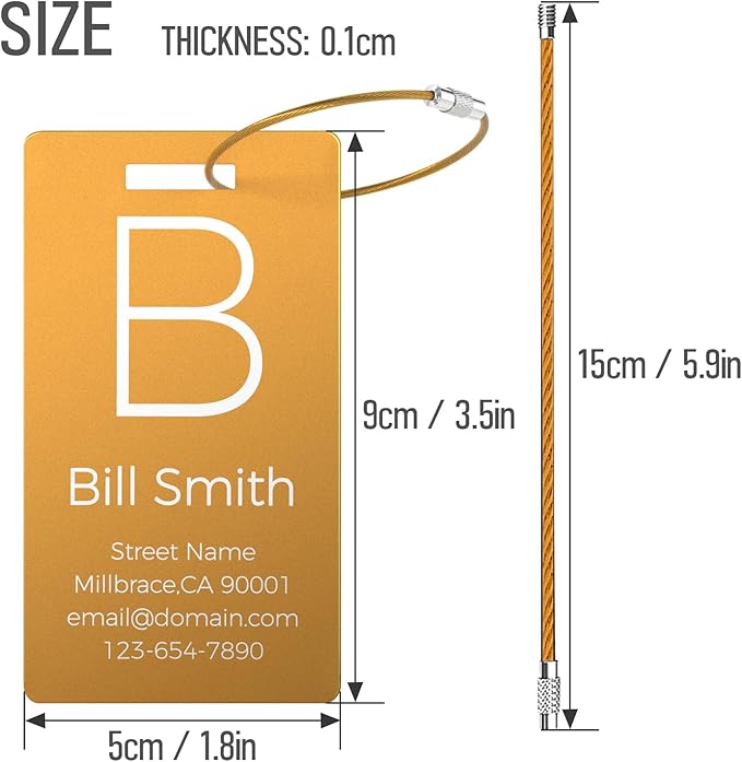 4 Personalized Metal Luggage Tags for Suitcase, Laser Engraved with Text and Logo, Custom Aluminum Name Tags with Stainless Steel Ring, for Travel, Golf Bag, and Baggage (Golden)