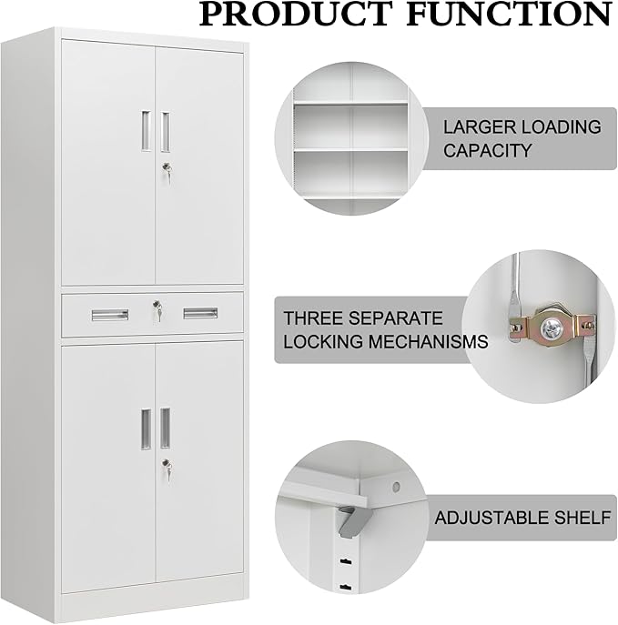 CJF Metal Storage Cabinet with Drawer and Adjustable Shelves, 71" H Locking Storage Cabinet for Pantry Kitchen, Home, Office, Garage, Living Dining Room (White)