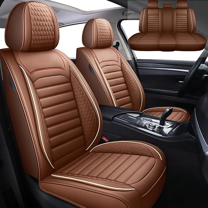 Leather Car Seat Covers for Volkswagen Golf Alltrack 2017-2019,Car Seat Covers Full Set,Seat Covers with Safety,Waterproof Seat Cover Compatible Airbag(5pcs Coffee Standard)