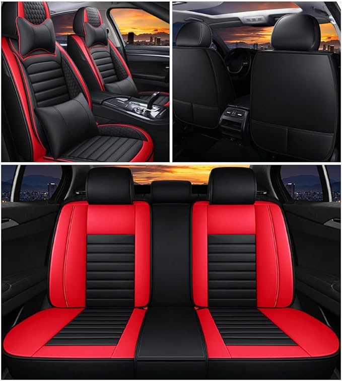 Leather Car Seat Covers for Volkswagen Golf Alltrack 2017-2019,Car Seat Covers Full Set,Seat Covers with Safety,Waterproof Seat Cover Compatible Airbag(5pcs Black&Red Bars Luxury)