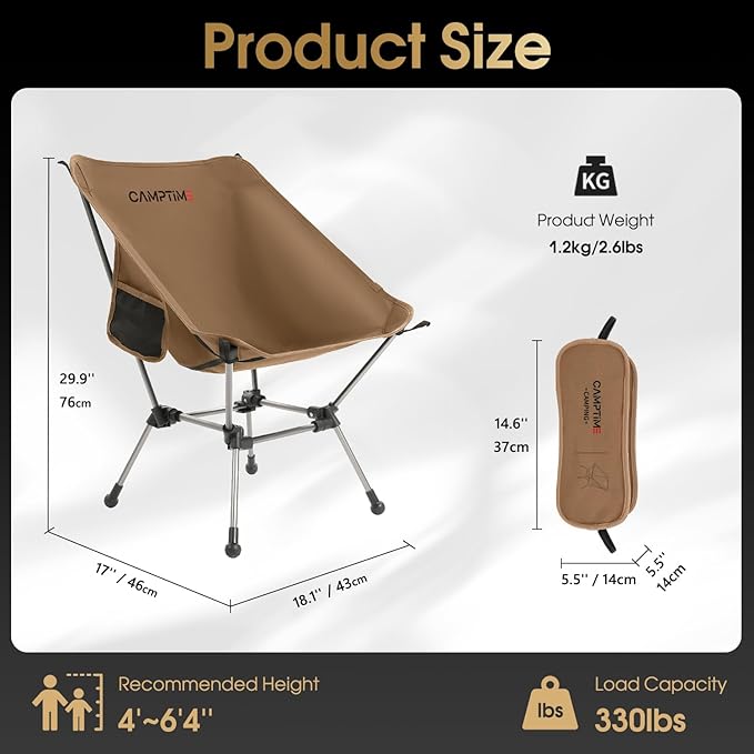 Portable Camping Chair Plus, Larger & Roomier, Compact and Lightweight, Folding Chair for Backpacking & Hiking, 330Lbs Capacity, Khaki