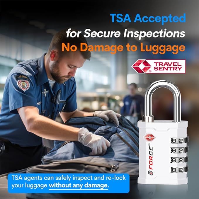 FORGE 4 Digit TSA Approved Combinaiton Lock, Great for Tool Box and Case Lock, Combination Padlock for Travel, White 1 Lock.