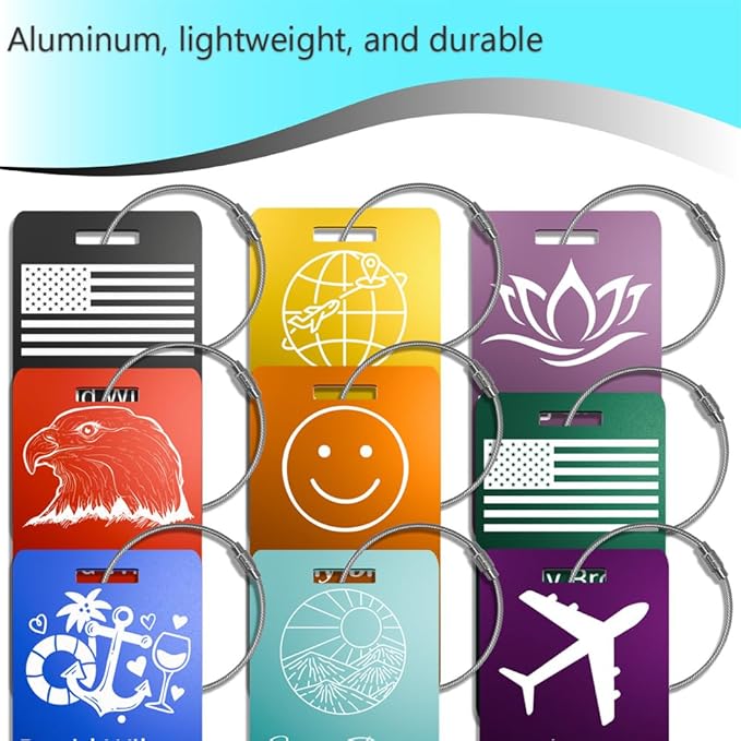 Personalized Luggage Tags for Suitcases 4 Pack – Custom Metal Name Tag for Travel, Golf Bag, and Baggage – Durable Aluminum Luggage Name Tags (Adventure Collection, Aqua Marine)