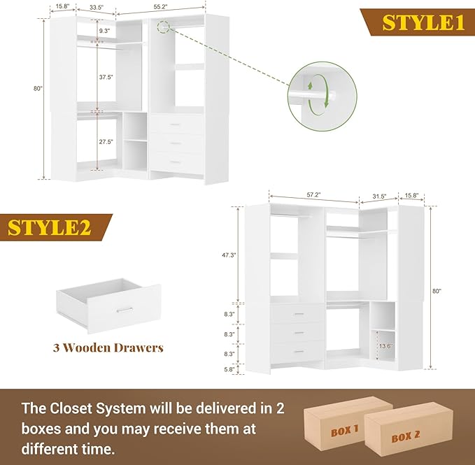 Aheaplus Closet System with 3 Drawers, 2 Hanging Rods & Corner Tower, Corner Closet System with Hanging, L-Shaped Walk-In Wardrobe Organizer, 1300+ lbs Capacity, Set of 2, White