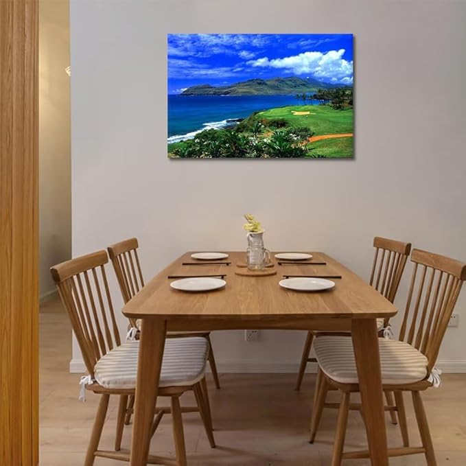 chenchenArt Lagoons Golf Course Wall Art for Living Room Bedroom Bathroom Home Decoration Hawaii Ocean Golf Course Picture Poster Canvas Prints Modern Artwork Framed Ready to Hang(24''H x 36''W)